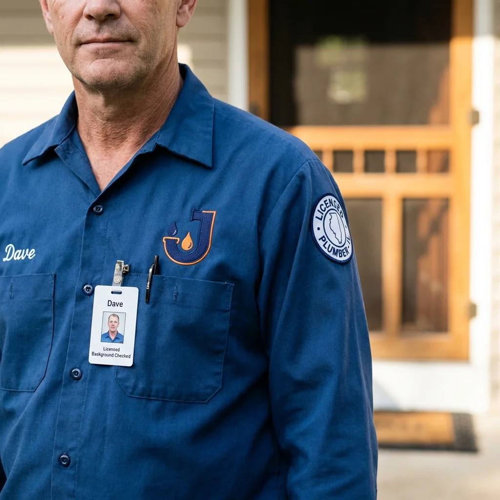 Licensed plumber showing ID badge in Watford City, ND