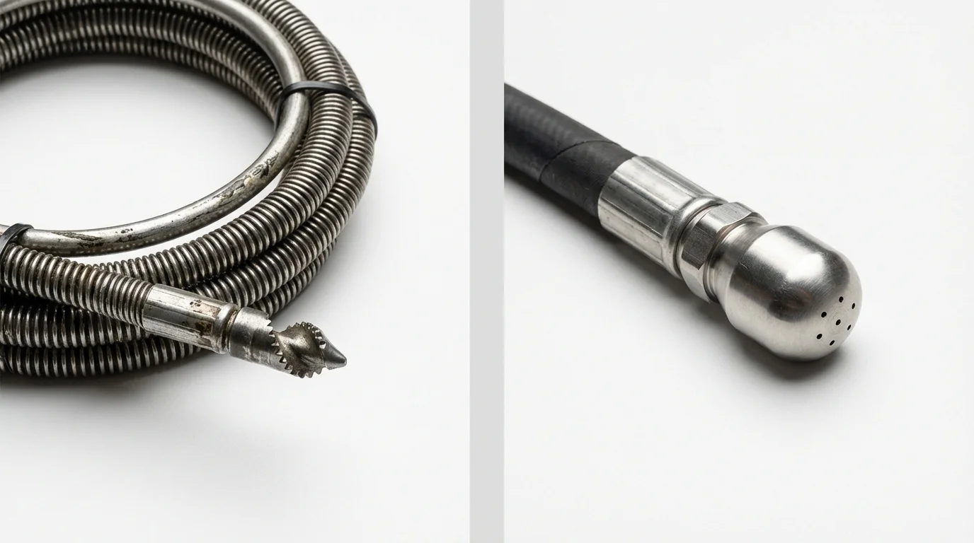 Drain snake cable and hydro jetting nozzle used for drain cleaning in Watford City, ND
