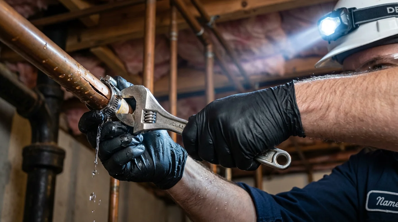 Emergency pipe clamp repair being performed by a Johns Plumbing LLC plumber in Watford City