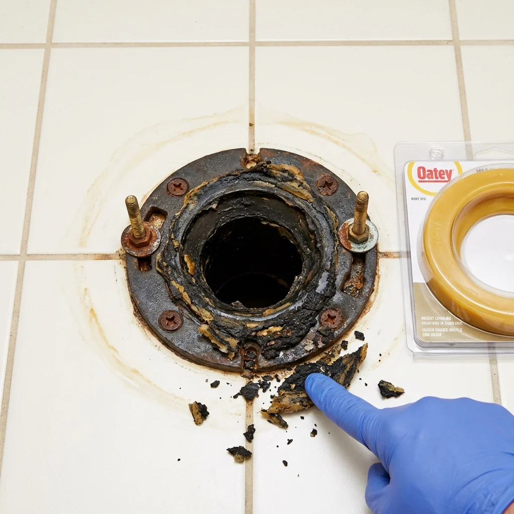 Failed wax ring showing water seepage at the base of a toilet in a Watford City, ND home