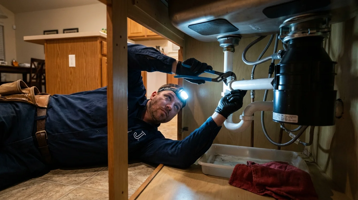 P-trap and supply line connections under a kitchen sink showing a common leak point in Watford City, ND